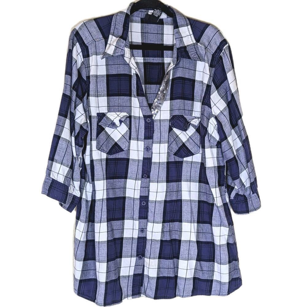 Torrid Size 2 Bling V Neck Cotton Button Down Flannel Plaid 3/4 Sleeve